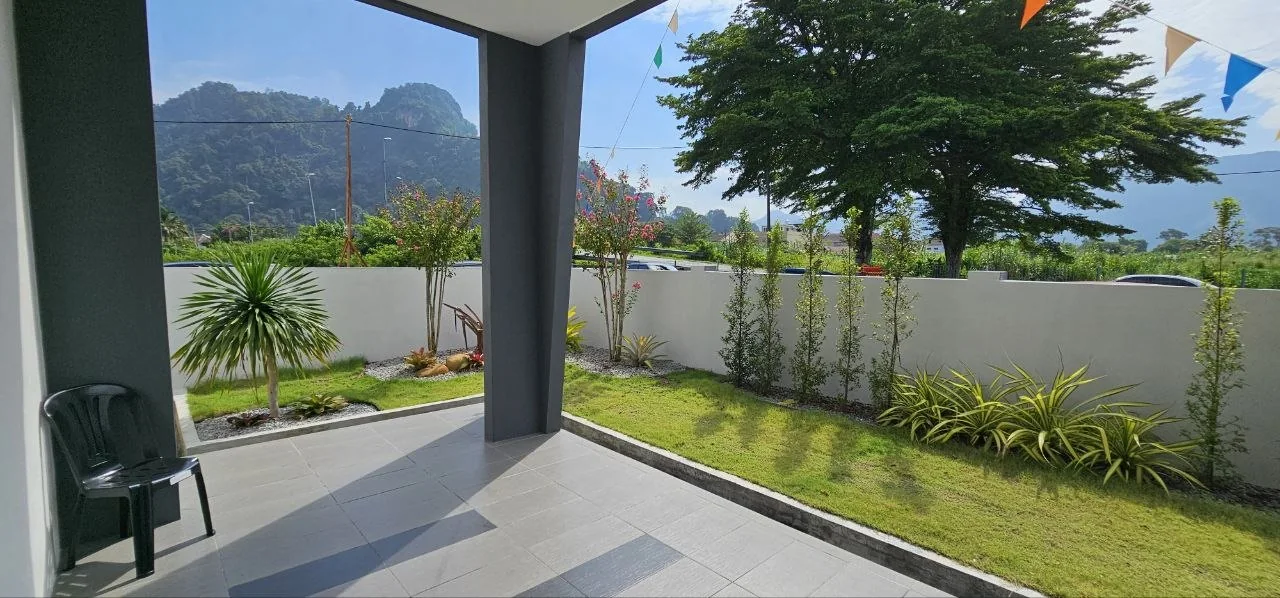 Ampang Cove landscaped garden with Ipoh limestone hill view